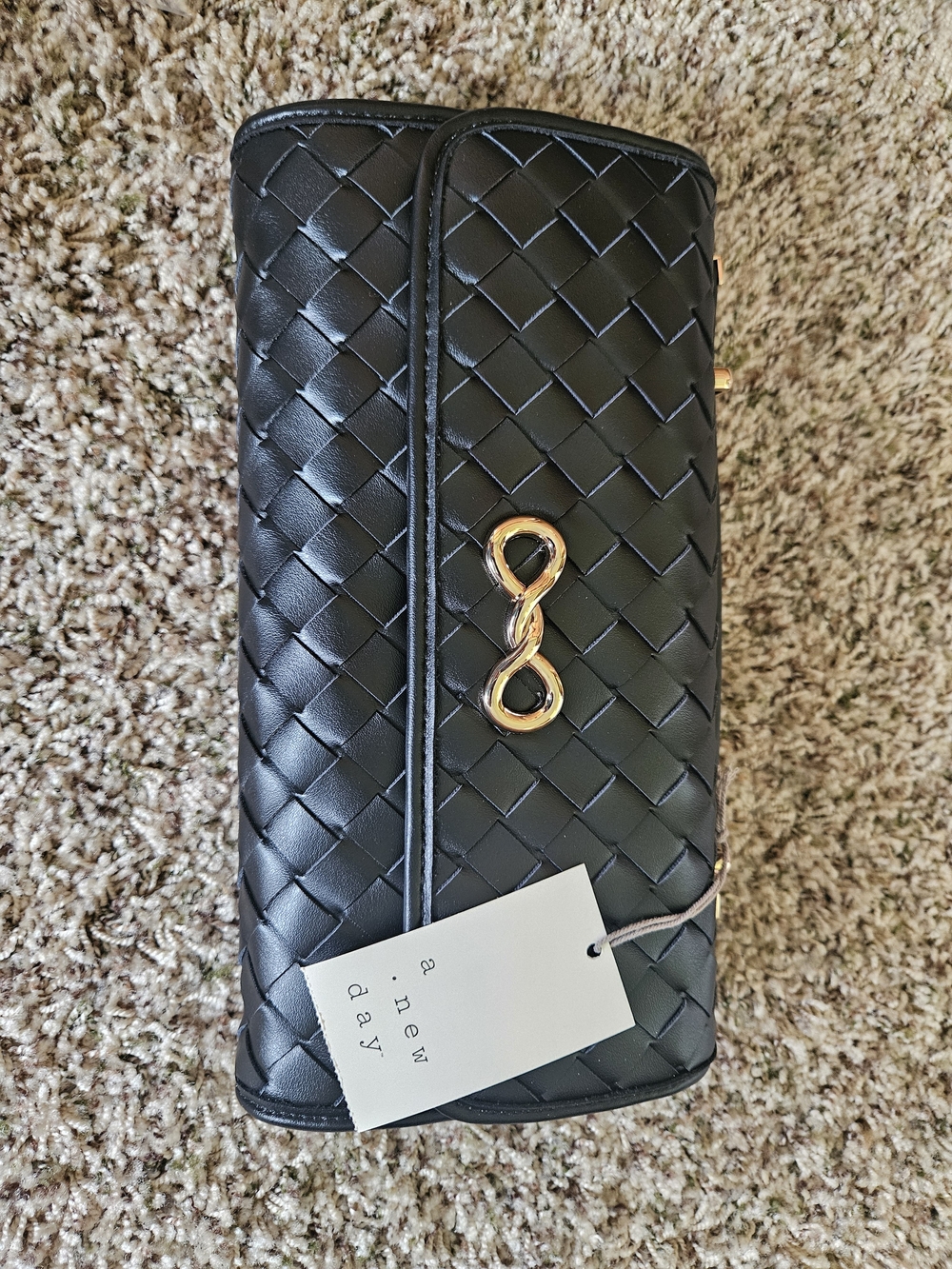 Black Woven Leather Clutch with Gold Accent